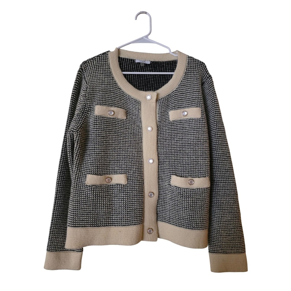 Sioni Women's Cardigan Sweater‎ Black White Textured Button Front Pockets Size L